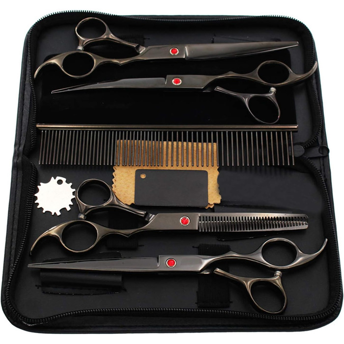 Набір професійних ножиць для грумінгу собак 6CR Edelstahl, комплект для догляду за тваринами: прямі, тонкі та вигнуті ножиці, гребінець для собак та котів