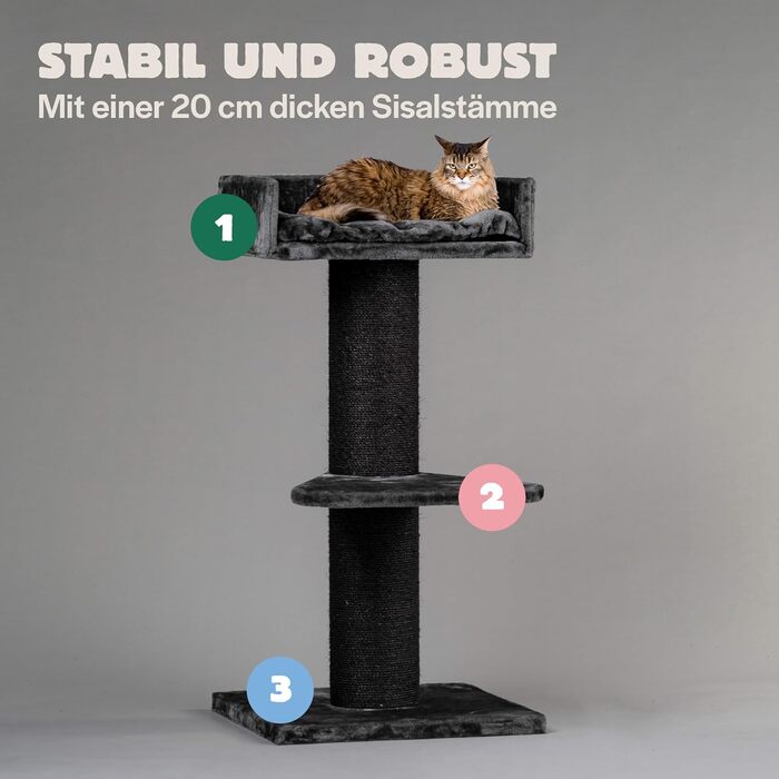 Дряпка для великих котів RHRQuality Maine Coon Lounge Blackline, темно-сіра, з товстими 20 см стовпами з сизалю