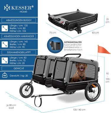 KESSER® Візок для собак Боксер 3-в-1: візок, бугель та велосипедний причіп. Великий об'єм 240 літрів, амортизація, поворотне переднє колесо 360°, матеріал 600D Oxford Canvas, SmartSpace, вантажопідйомність до 40 кг, сірий колір.