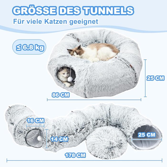 Туннель-іграшка для котів Jiupety з місцем для сну, великий, сірий, з підвісними кульками