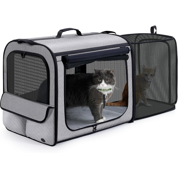 Pecute Розширювана переноска для котів та маленьких собак, транспортна сумка-переноска, розкладний бокс для котів, сіра/зелена, 61x52x45 см