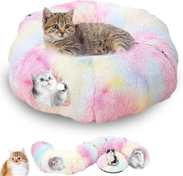 Туннель для котів, великий, з місцем для сну та лежаком, 2 входи, котяча печера, підвісні кульки, тунель для кота, кольоровий