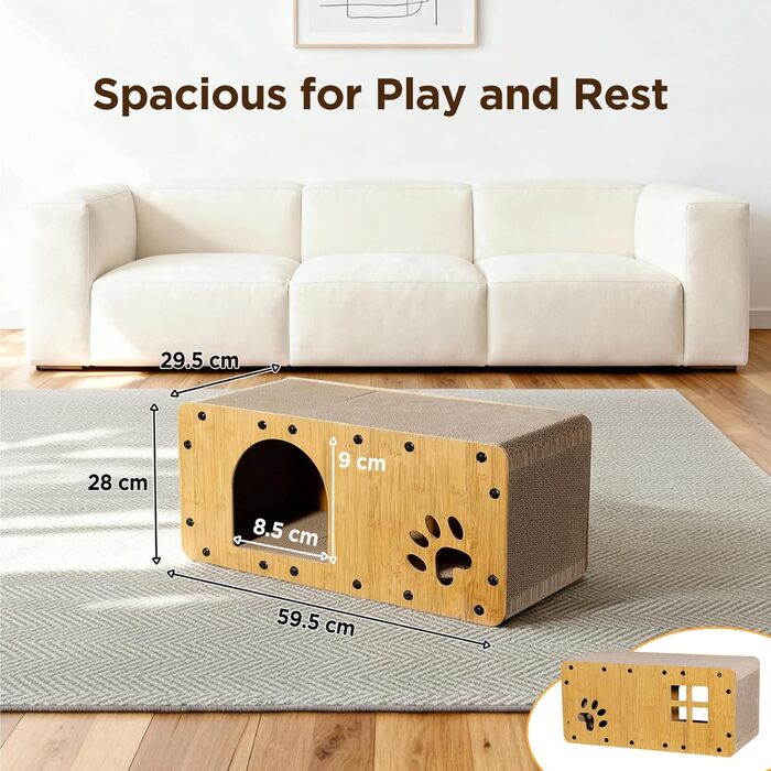 Кігтеточка для котів Gimars 100x30x30 см з м'ячем, тунелем та картонною поверхнею. Великий дім-будинок XXL для котів, захист меблів.