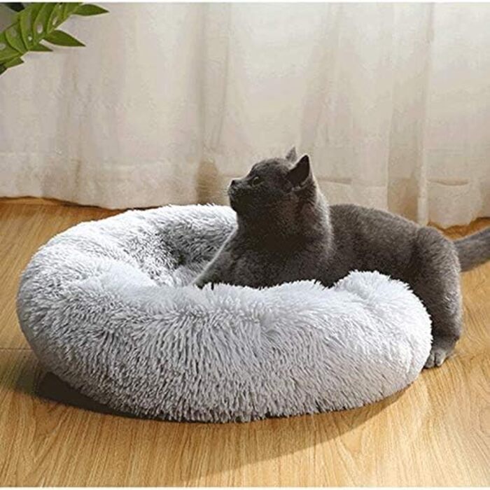 Заспокійливе ліжко для собак, пончик для великих собак, тепле, екстра велике, штучне хутро, ліжко для домашніх тварин, самонагріваюче, кругле, плюшеве, ліжка для собак великих та середніх порід, прання можливе (сірий, XXL)