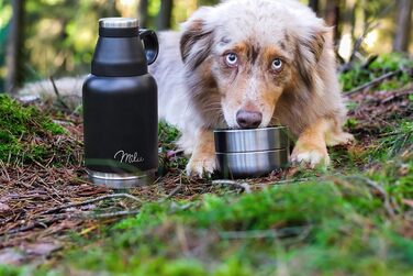 Водяна пляшка для собак Milu 950мл з мискою для їжі - ізольована фляга з нержавіючої сталі, чорна (+гравіювання)