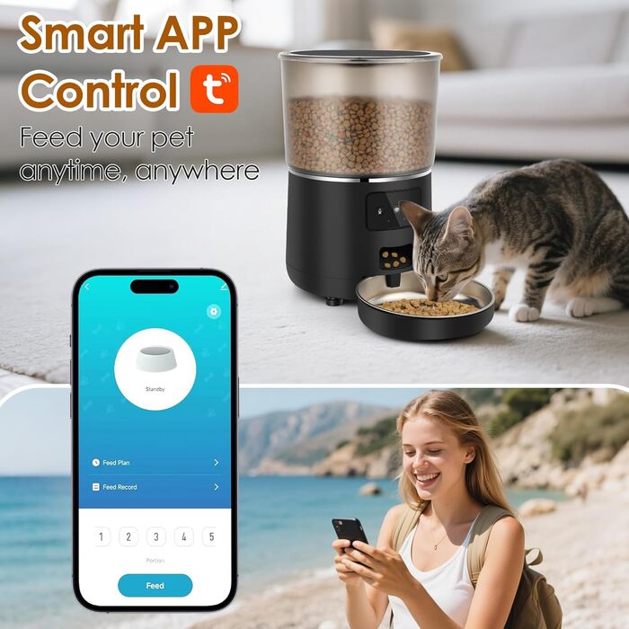 Автоматичний кормушка для котів з Wi-Fi, 4L, з нержавіючою чашею, програмування до 10 прийомів їжі на день, керування через додаток