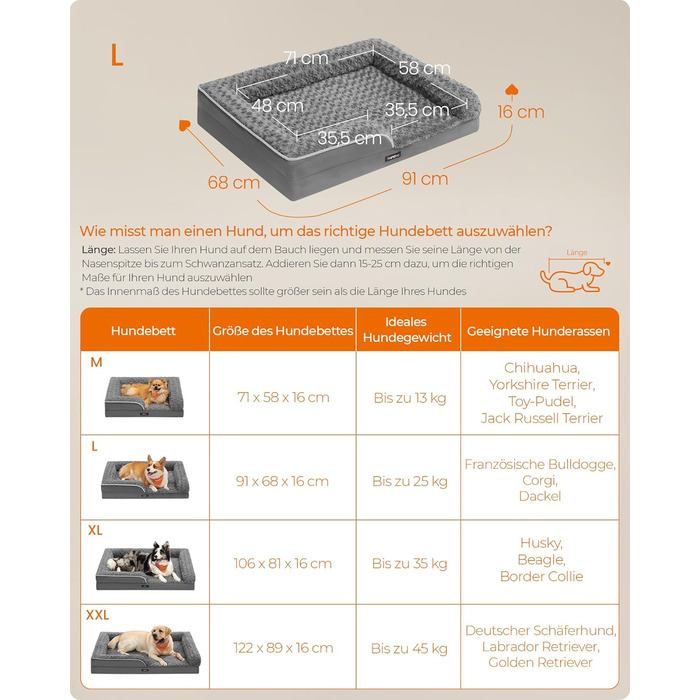 Ортопедичне ліжко для собак Feandrea середнього розміру, вологостійке, знімний плюшевий чохол, 91 x 68 x 16 см, сірий PGW252G02 L