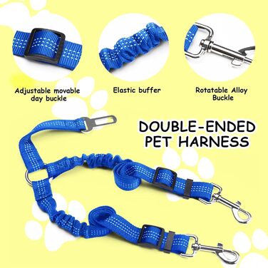 Авторемень для собак у машину, еластичний, з подвійним кріпленням, регульований (блакитний)