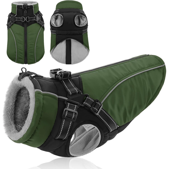 Зимовий теплий одяг для собак Konvinit: куртка з флісу з кріпленням для повідка, світловідбиваюча, для середніх собак, розмір M (53 см обхват грудей), колір зелений