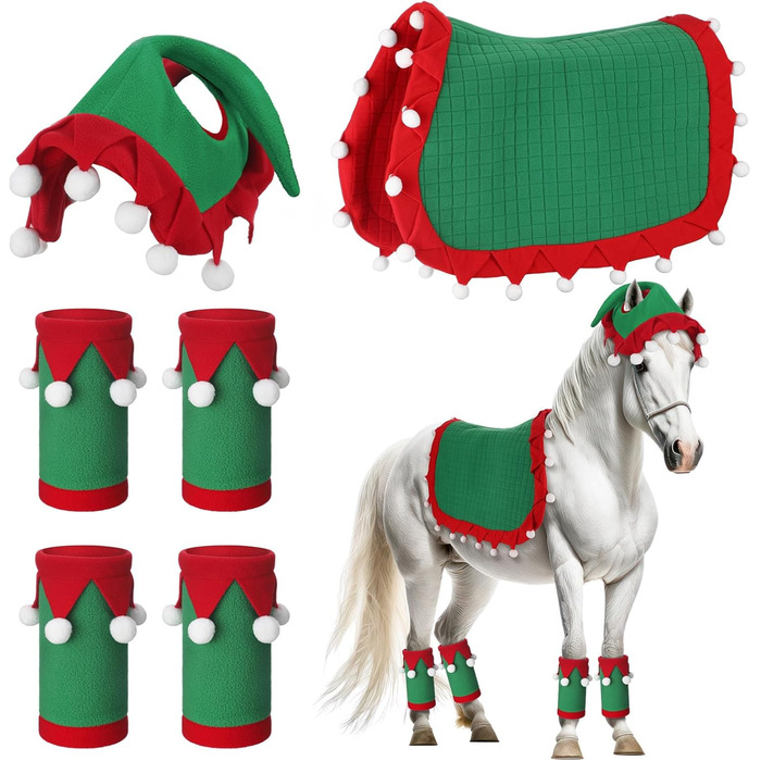 Набір з 6 шт. накладок на ноги для коня з штучним хутром, святкові, червоно-зелені, для декору та костюмів