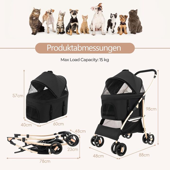 Візок для собак GOPLUS 3-в-1, чорний: візок-переноска, регульований дах, сітчастий вхід, корзина для тварин, для собак та котів середніх та малих порід