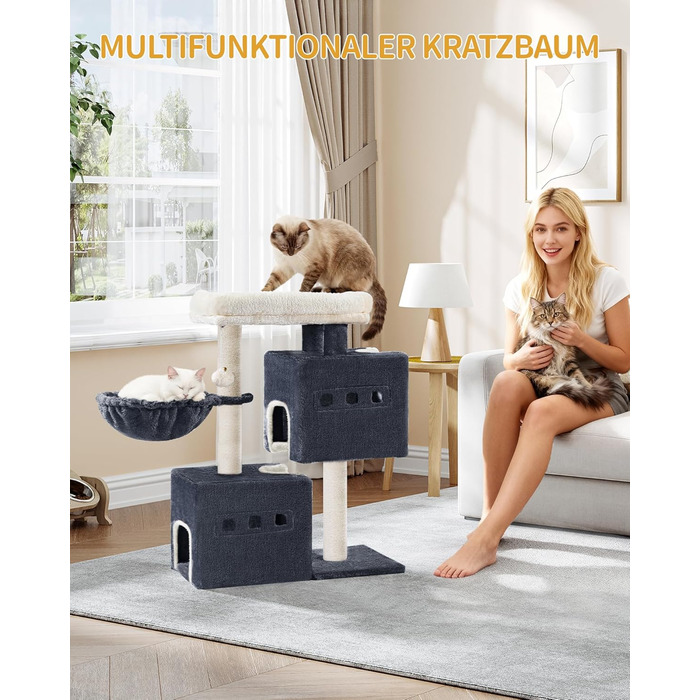 Дерево для котів Hzuaneri, 75 см, зі стійкою конструкцією, великою лежанкою, котячою печеркою, сизалевими стовпчиками, кошиком та іграшками, сірий колір