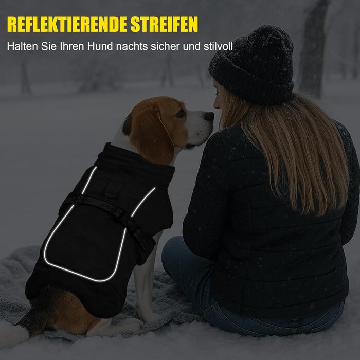 Зимовий теплий одяг для собак FeimaX: вітронепроникна куртка для середніх та великих собак. Відображає світло, регулюється, з D-кільцем. Чорний колір, розмір 4XL