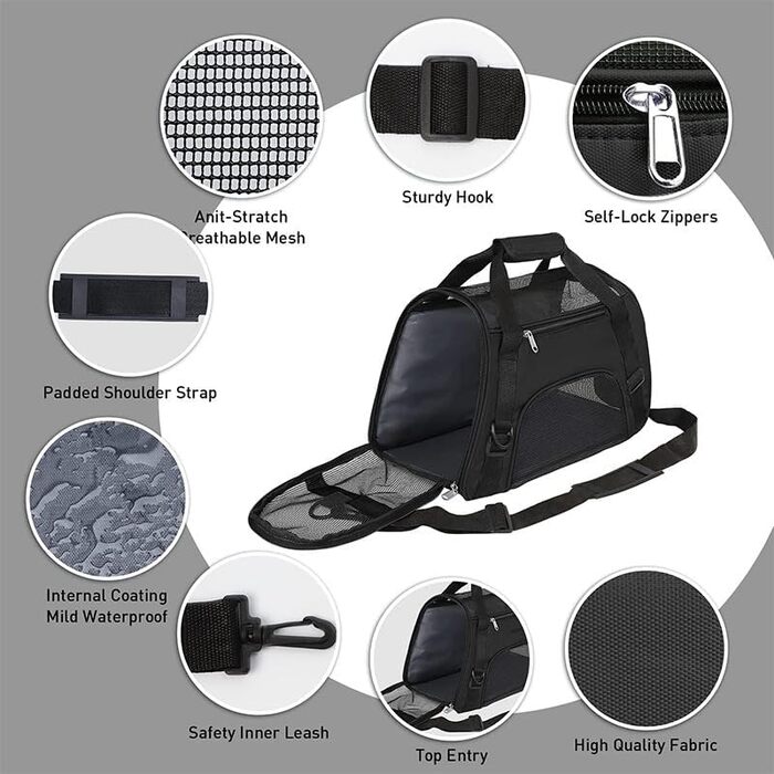 Транспортна сумка для котів та собак, L (50 x 23 x 34 см), чорна, водонепроникна, з сітчастими вікнами