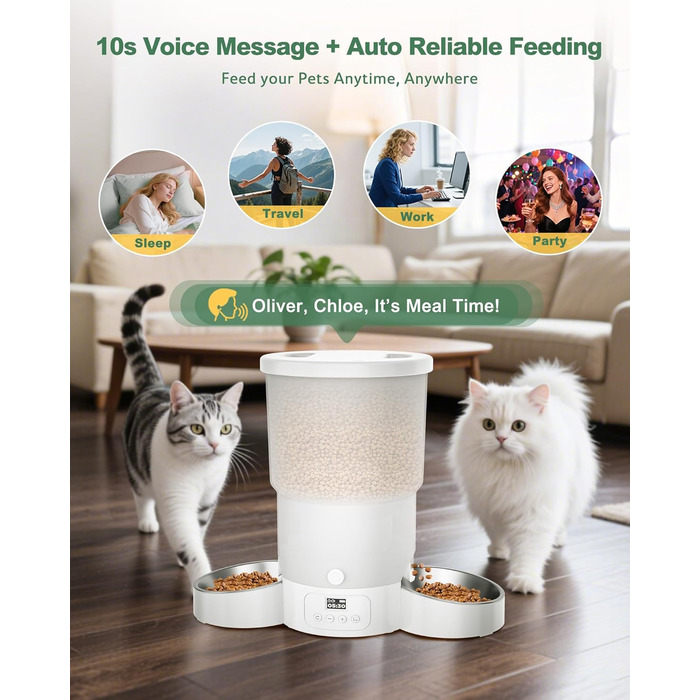 Автоматичний годівниця для котів та собак Gimars 5L з LCD-дисплеєм, 2 миски, програмування, 1-6 прийомів їжі, голосовий запис, білий колір