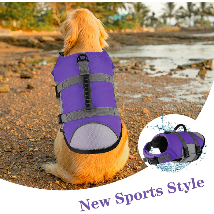 Жилет для плавання собак, світловідбиваючий, регульований. Безпечний жилет для собак з ручкою для рятування, підходить для плавання та катання на човні. Ripstop жилет для собак малого, середнього та великого розміру (Фіолетовий, X-Small)