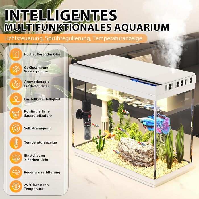 Акваріум Vehipa Nano 9L з підсвіткою, фільтром, обігрівачем та зволожувачем повітря (білий)