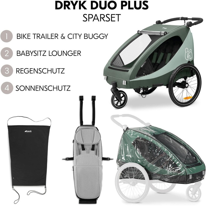Фаркоп-причіп Hauck Dryk Duo Plus Set для 2 дітей з люлькою, тентом та дощовим захистом – складаний, з підвіскою та функцією коляски (Темно-зелений)