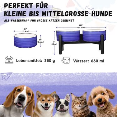 Керамічна годівниця для собак на підставці з нержавіючої сталі - подвійна годівниця для маленьких та середніх собак, антиковзаюча, для корму та води, 350г/660мл, 15см, блакитна