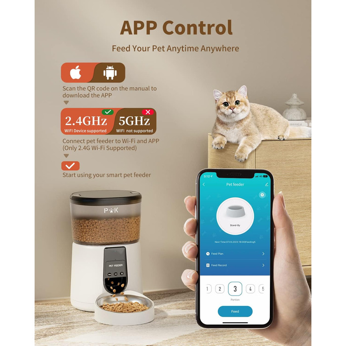 Автоматична годівниця для котів і собак Puppy Kitty, Wi-Fi 2.4 ГГц, розумна, з нержавіючою мискою для сухого корму, керування через додаток, голосові повідомлення, 1-10 порцій на день