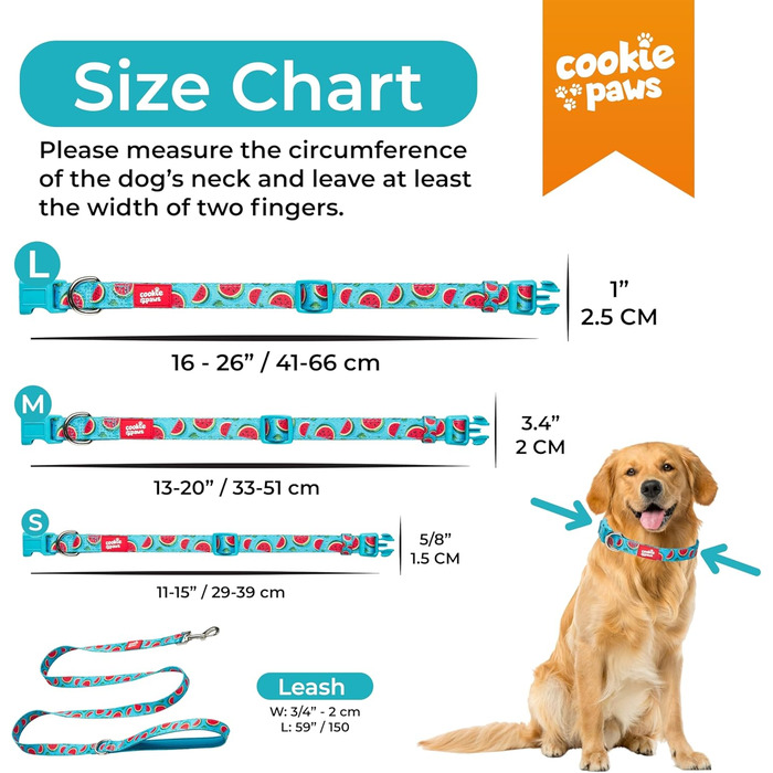 Нашийник і повідець для великих собак Cookie Paws, нейлоновий з м'яким неопреном, регульований, з швидкозастібкою, дихаючий, легкий у догляді, стильний дизайн «Кавун»