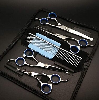 Набір професійних ножиць для грумінгу тварин CLQ (5 шт.) з нержавіючої сталі 4CR, безпечні ножиці з титановим круглим наконечником, високопродуктивний набір, синій