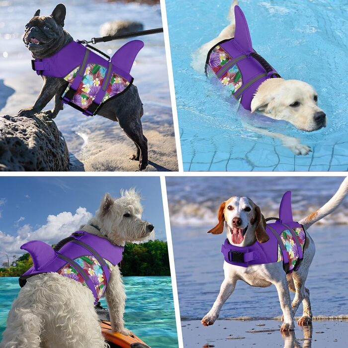 Жилет для плавання собак Doglay, Ripstop, з милим зображенням акули, надзвичайною плавучістю та рятувальним ручкою, регульований, для великих собак, фіолетовий з квітковим малюнком