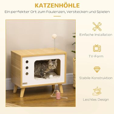 Будиночок для котів PawHut у стилі ТВ з іграшкою, котяче ліжко з подушкою, кошик для кота, дерево, бежево-білий, 50x28x43 см
