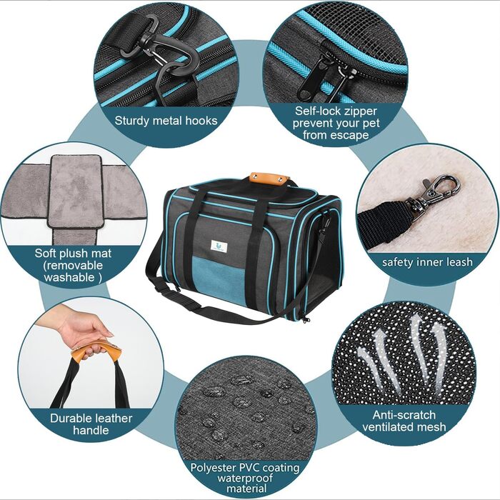 Транспортна переноска для котів та собак, складана, з мішковою сіткою зверху та з боків, з плечовим ременем та знімним килимком