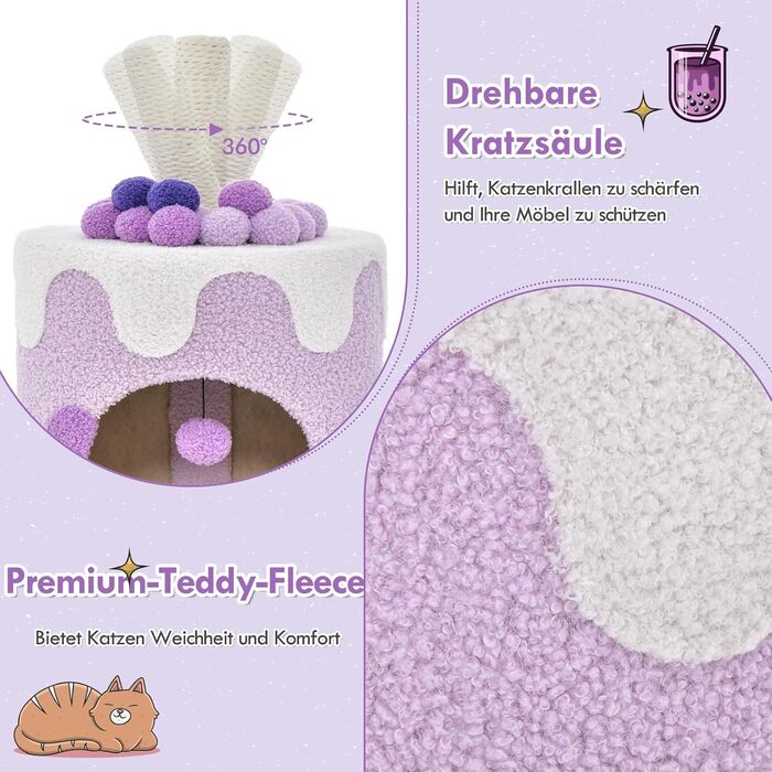 Кігтеточка GYMAX для котів, будиночок-кігтеточка, кігтеточний комплекс з будиночком, іграшками, 37x37x67 см (фіолетовий)