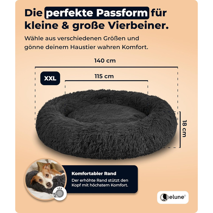 Belune® Лежанка для собак [знімний, пральний чохол] - Оригінал - [S, 70см] - Корзина для собак, ліжко для котів, лежанка для собак, м'яка лежанка для великих, середніх та маленьких собак (XXL (140см), Чорний)