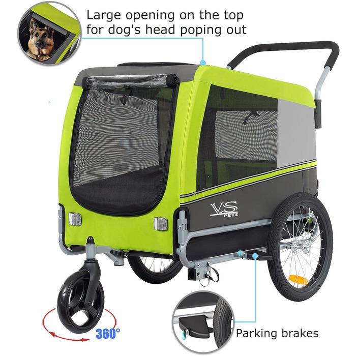 Візок для собак Tiggo VS Pets 2-в-1: візок та велосипедний причіп, великий, 270 л, до 35 кг, зелений