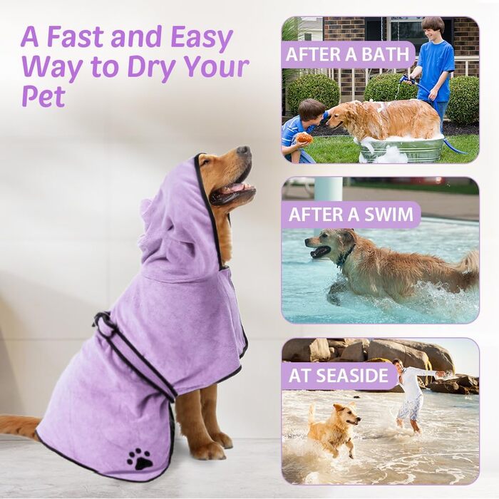 Рушник для собак з капюшоном, вбираючий, для сушіння після купання, для котів та собак усіх порід, L (блакитний) (фіолетовий L)