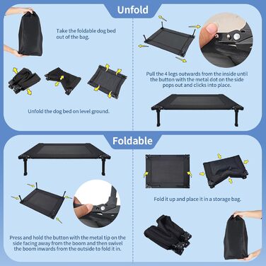 Підвищене собаче ліжко echeckige, складане, з піднятим каркасом та знімним килимком, портативне, вологостійке, для маленьких собак, для дому та вулиці, кемпінг, подорожі (L, чорний)