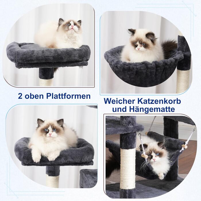 Комплекс для котів Kratzbaum GCT032W (180 см, димчасто-сірий) з 7 стовпчиками, 2 платформами, 2 печерами та 2 дошками для дряпання