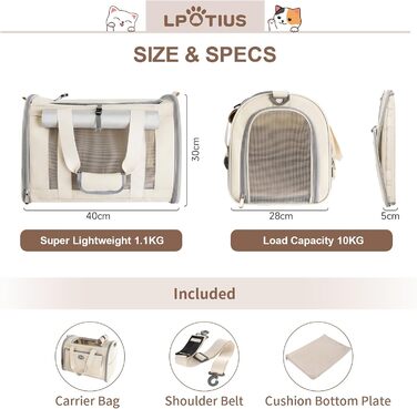 Транспортна сумка для котів та собак, дихаюча та складана переноска з регульованим плечовим ременем (Бежева)