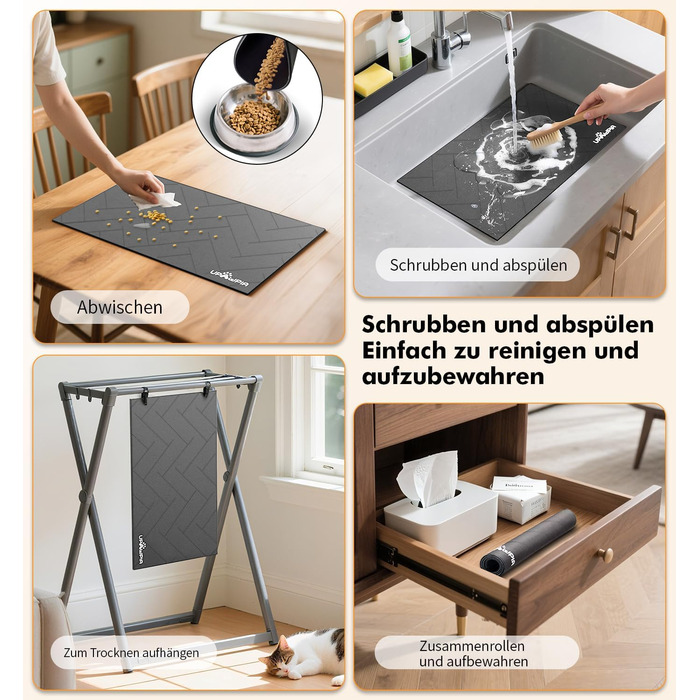 Підкладка під миску для собак та котів, сіра, 31 x 51 см - швидковисихаюча, нековзна, з абсорбентом