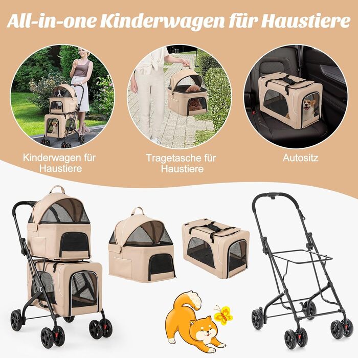 Візок для собак COSTWAY 3 в 1, візок-переноска для тварин з сіткою, кишенями та подушками, Оксфорд та метал, до 16 кг, для собак, котів та інших тварин (Бежевий)