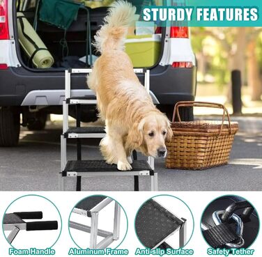 Сходинки для собак великих порід, 4 сходинки, алюмінієва рамка, для автомобіля, SUV, вантажівки, високого ліжка, дивану. Максимальне навантаження 68 кг, ширина 43,2 см, висота 63,5 см