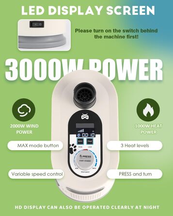 Фен для собак Mxmoonant 3000W з регулюванням швидкості та температури, з подовжуваним шлангом та великою насадкою, з рушником