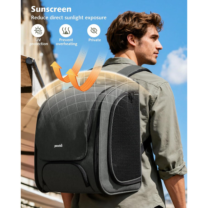 Pecute Рюкзак-переноска для кота з віконцем-сіткою, дихаючий та легкий рюкзак для тварин, великий (32 x 26 x 42 см, сірий, розширюваний)