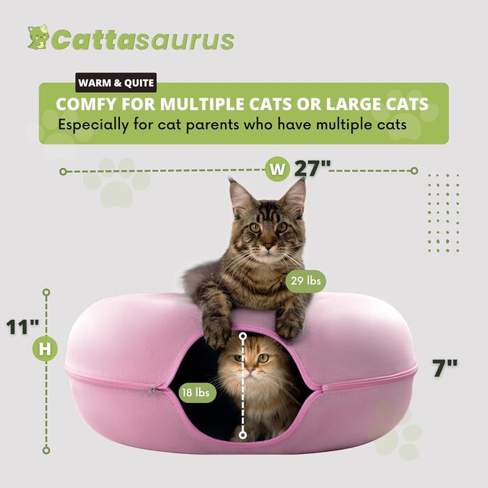 Котяча печера-тунель Cattasaurus для великих котів до 20 кг, знімне та пране ліжко-донат, темно-сіра, заспокійлива, для кількох котів