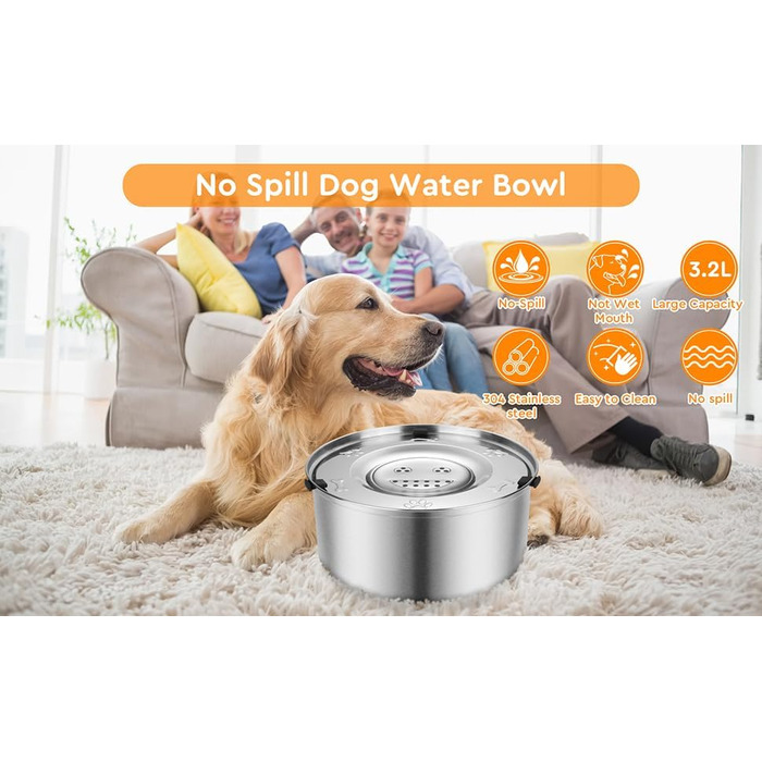 Велика миска для води для собак 3L, не протікає, з нержавіючої сталі, з неслизьким дном, для собак, миска для пиття