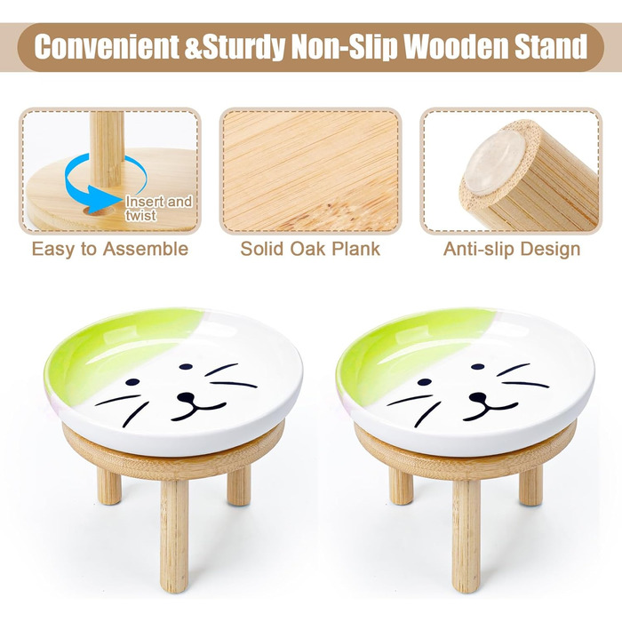 Набір мисок для котів з бамбуковим підставкою (2 шт.), 15 см, кераміка, зручні для вусів, зелені