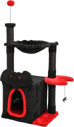 BYBYME Готичний кігтеточка для Хелловіну, 84.5 см, стійкий комплекс для котів з ліжком, будиночком, гамаком, кігтеточками з сизалю, багатофункціональна котяча іграшка (Чорний/Червоний), підлоговий, 96.5 см