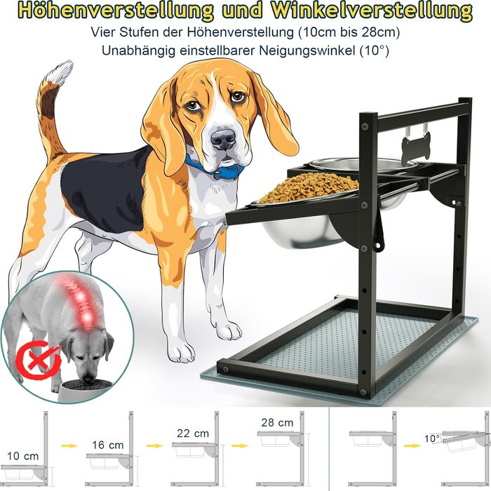 Підвищена годівниця для собак Eanilnaz з регулюванням висоти, нахил 10°, 2 миски з нержавіючої сталі (1,5л x 2) та не проливаючий килимок. Стабільна підставка для мисок для собак