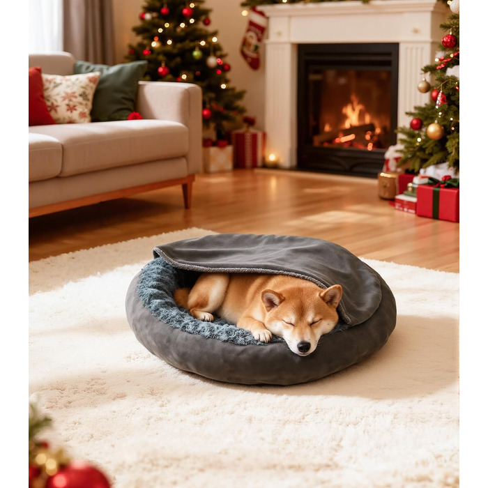 Кругла лежанка для собак та котів з капюшоном, розмір M, сіра, 60 x 60 x 19 см, м'яка, з антиковзною основою, самонагріваюча, для заспокоєння, миється