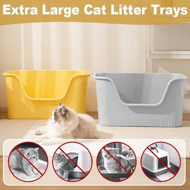 Відкритий лоток для котів Duscdesp, великий 64x45x33 см, без кришки, з високим бортиком, сірий, для великих котів та кошенят, захист від розбризкування