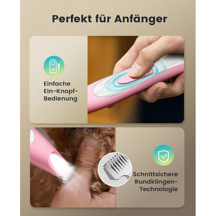 Триммер для собак Oneisall: безшумний, акумуляторний, з LED-підсвічуванням для догляду за лапами, очима, вухами та обличчям (зелений, рожевий)