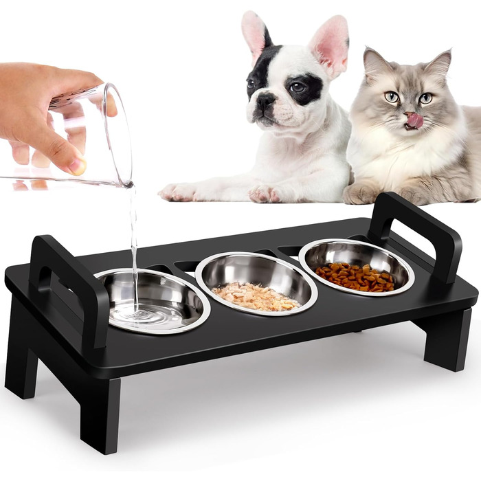 Підвищений годівниця для котів, 3 годівниці з нержавіючої сталі, нахил 15°, набір для котячого корму та води, проти блювоти, для котів, чорний